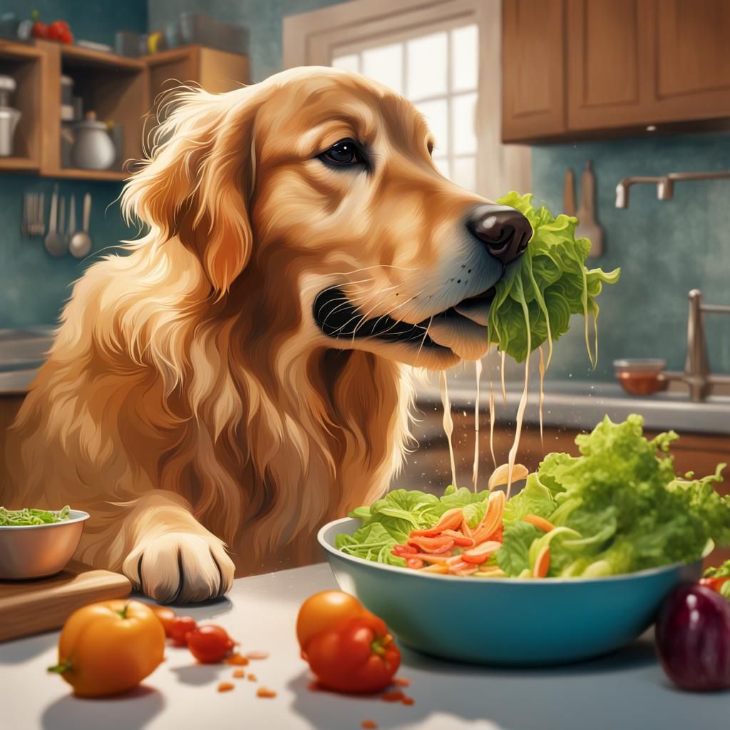 Golden Retriever Chef Creates Salad: Hyperrealistic Art