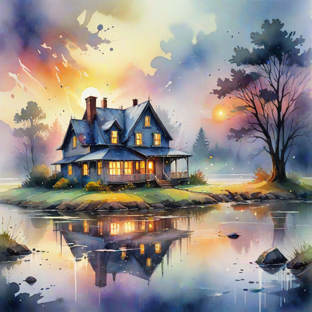 Dreamy Watercolor Sunset on a Whimsical Lake House