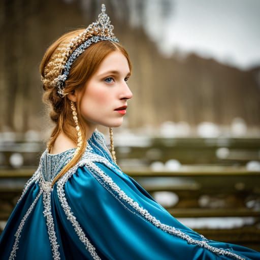 Frost-Kissed Renaissance Portrait of Woman in Blue