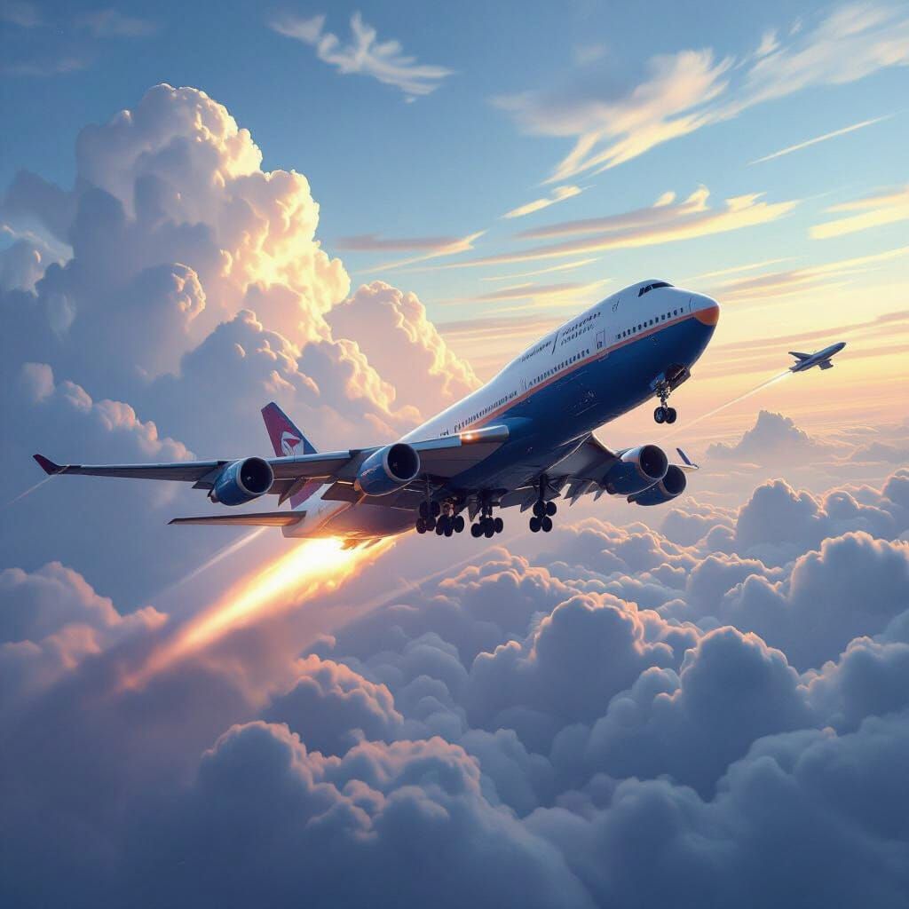 Hyper-Realistic 747 with Missile Amidst Swirling Clouds