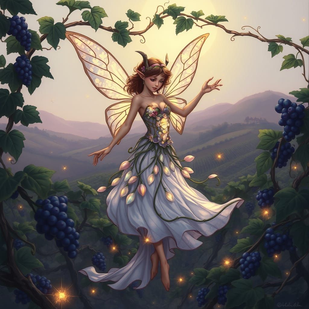 Whimsical Fairy in Moonlit Vineyard, Iridescent Wings, Delic...