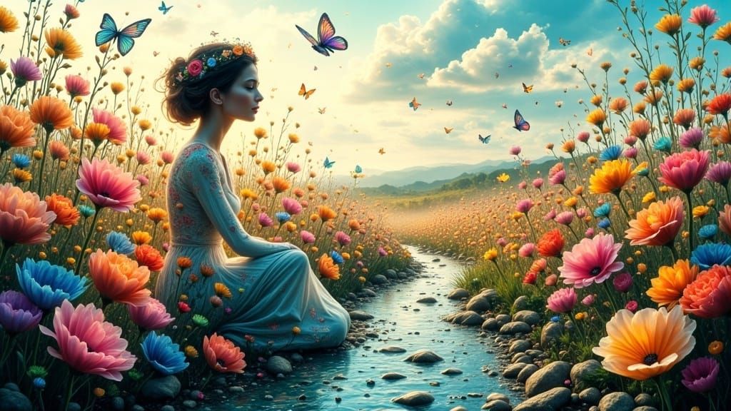 Dreamlike Woman Among Vibrant, Ethereal Flowers in a Kaleido...
