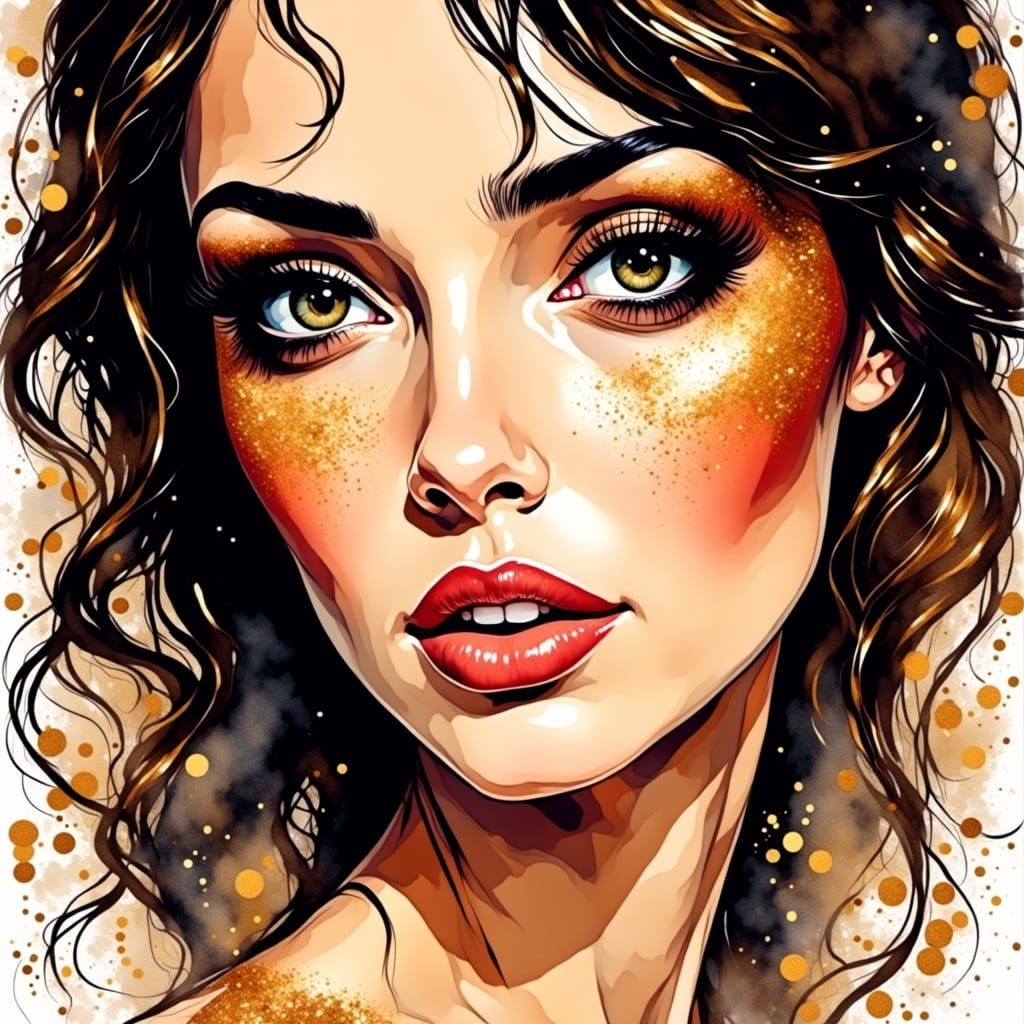 Woman's Face with Gold Eyeshadow in DeviantArt Style