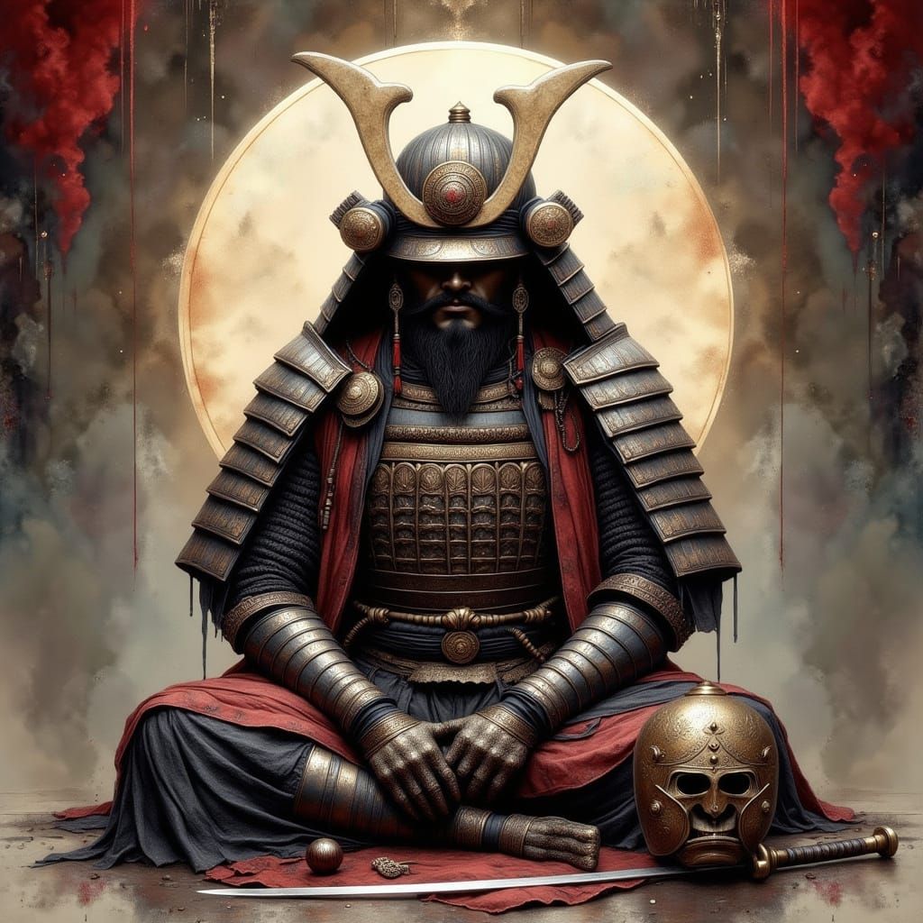 Meditating Samurai Warrior With Armor and Weapons