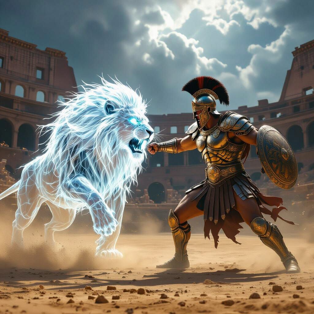 Gladiator Battles Spectral Lion in Epic Colosseum Arena