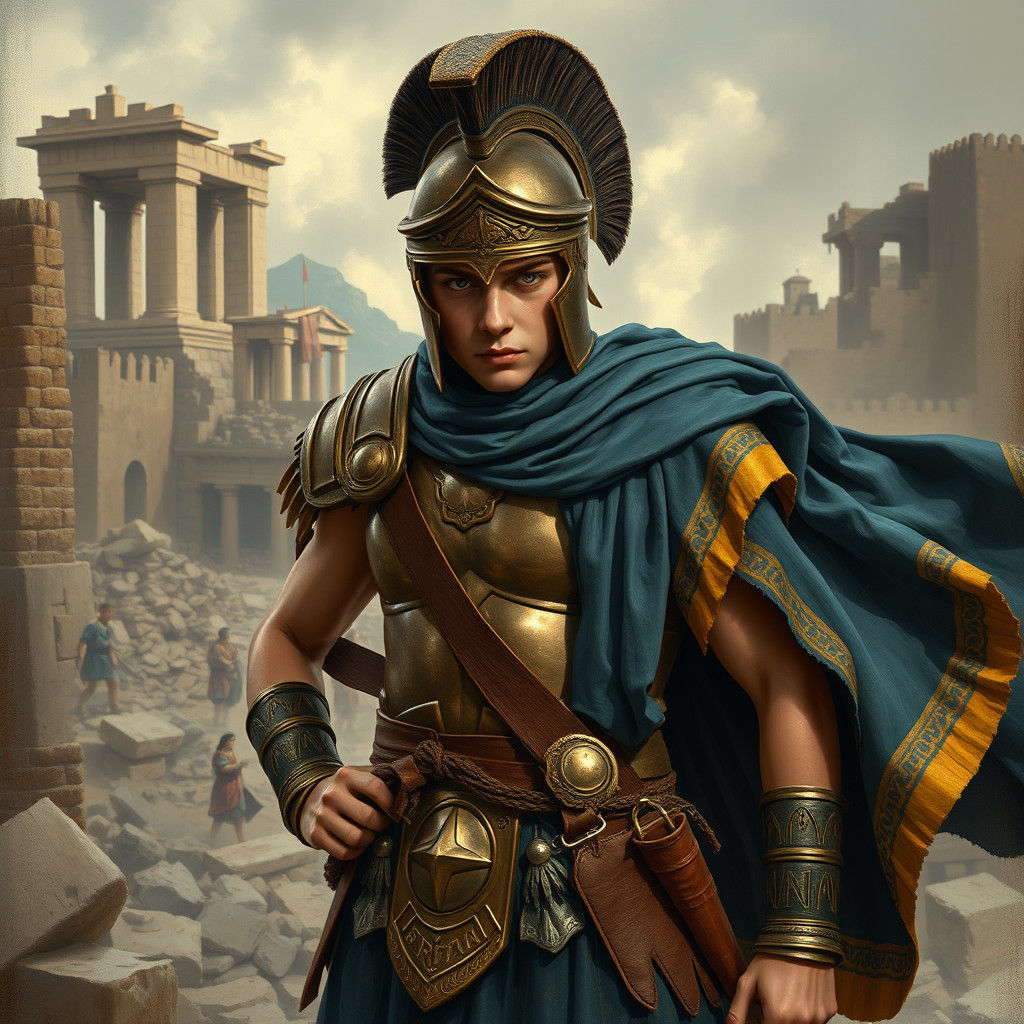 Trojan Warrior in War-Torn Cityscape