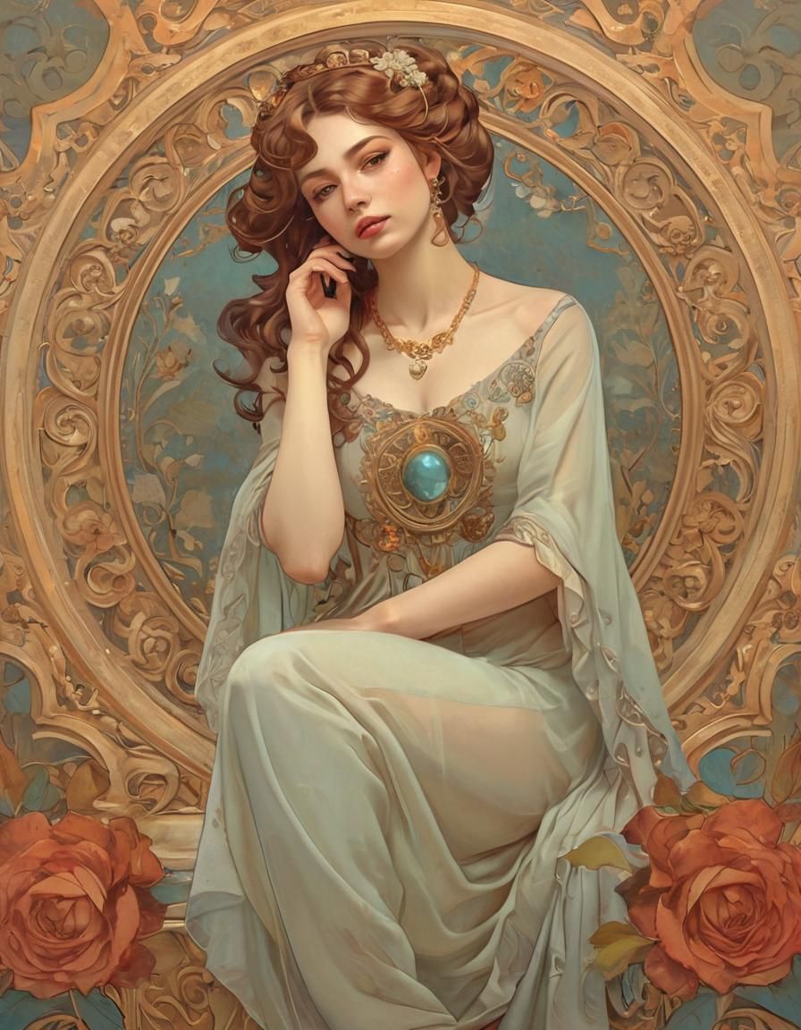 Elegant Woman in Alphonse Mucha Style