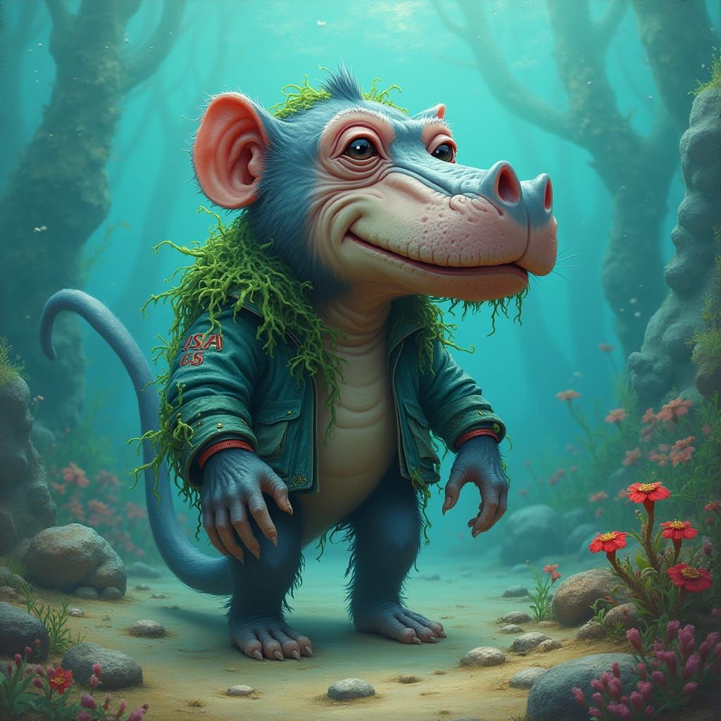 Surreal Monkey-Shark-Hippo Hybrid in Dreamlike Style