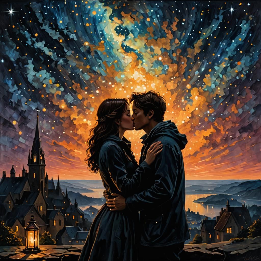 Lovers' Candlelit Kiss Under Starlit Sky