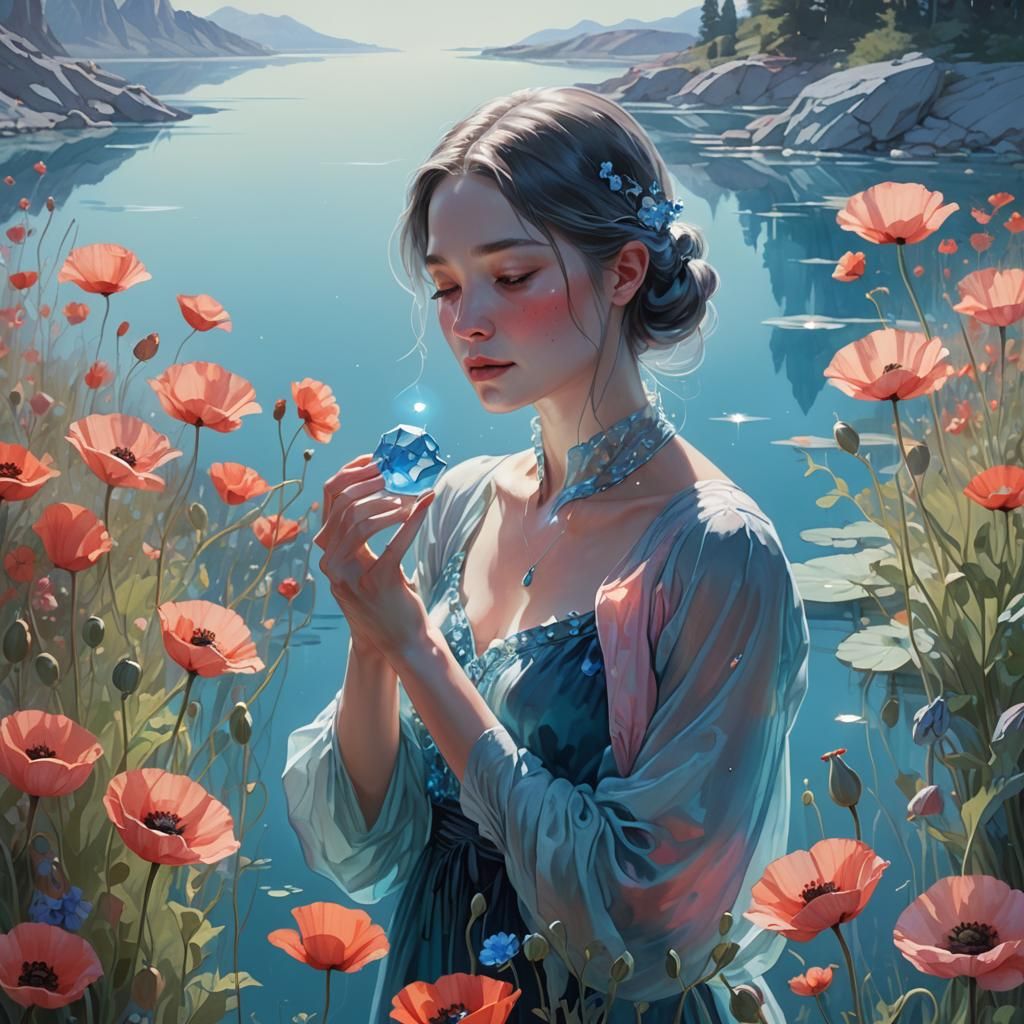 Ethereal Woman with Crystal in Dreamlike Setting