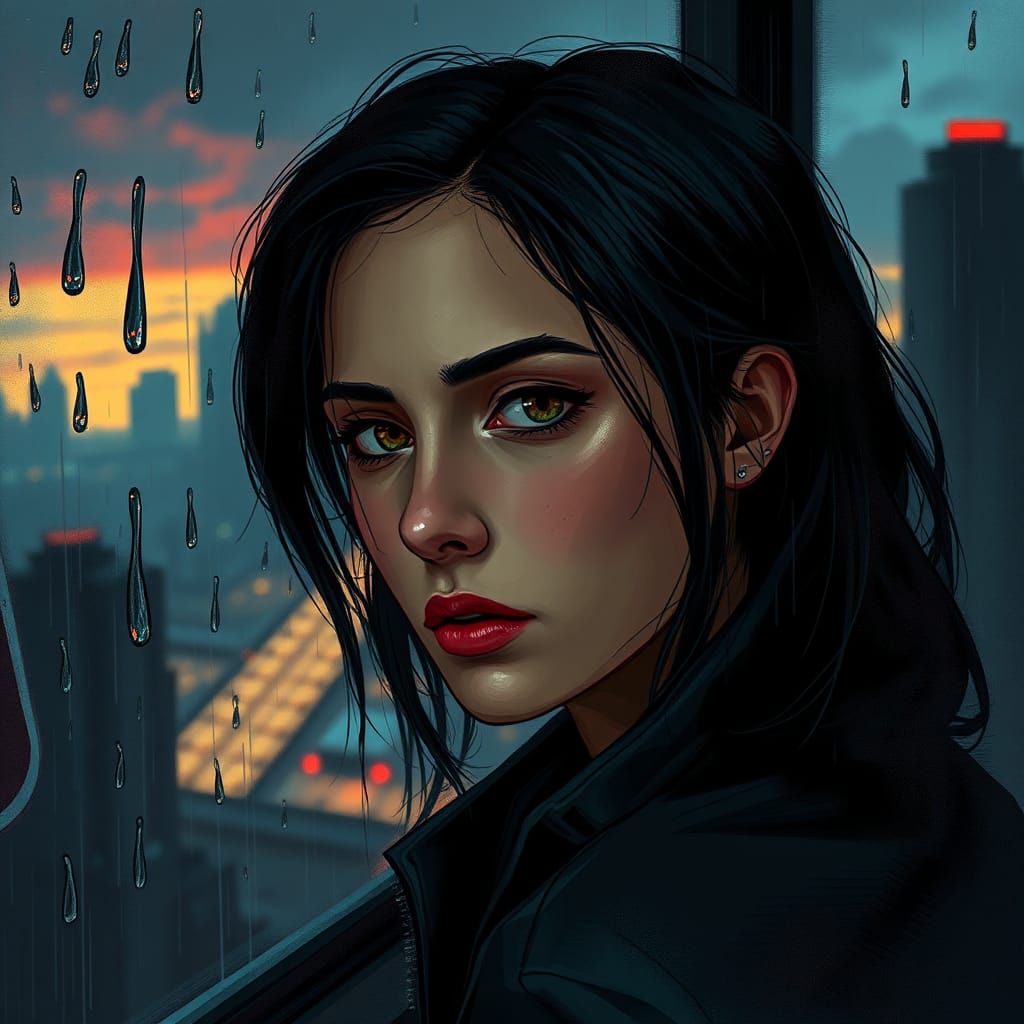 Sober Woman in Futuristic Noir Cityscape