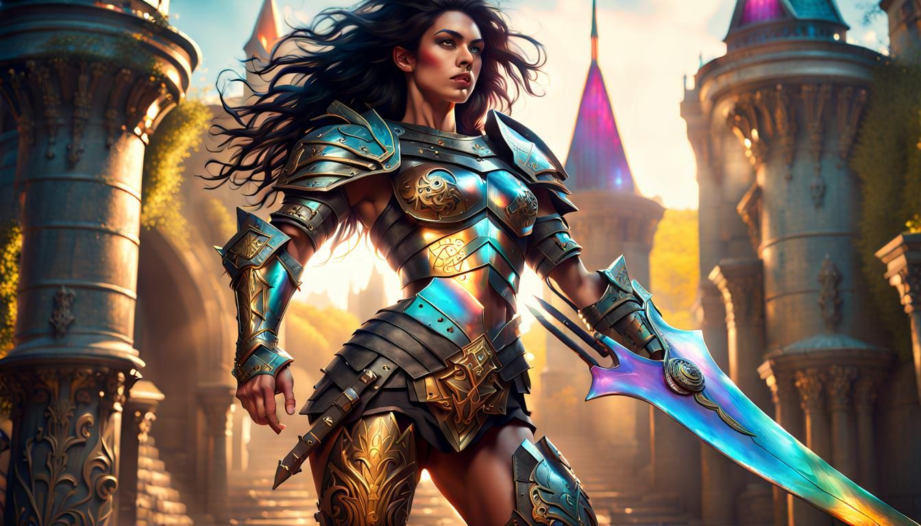 Muscular Warrior woman, Iridescent intricately filigrained asymmetrical partial titanium and brass plate armor,