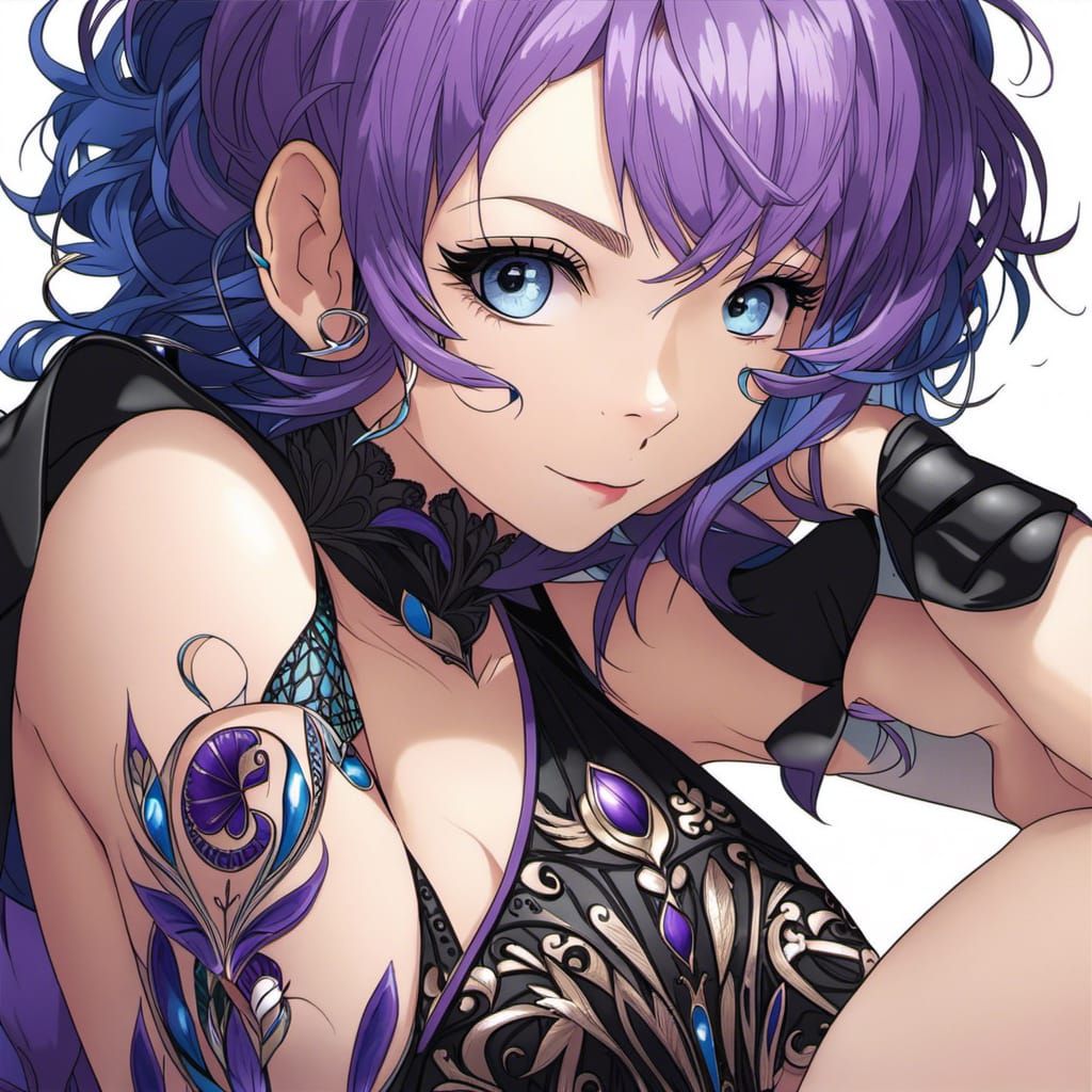 Anime Portrait: Woman with Purple Hair and Sapphire Eyes