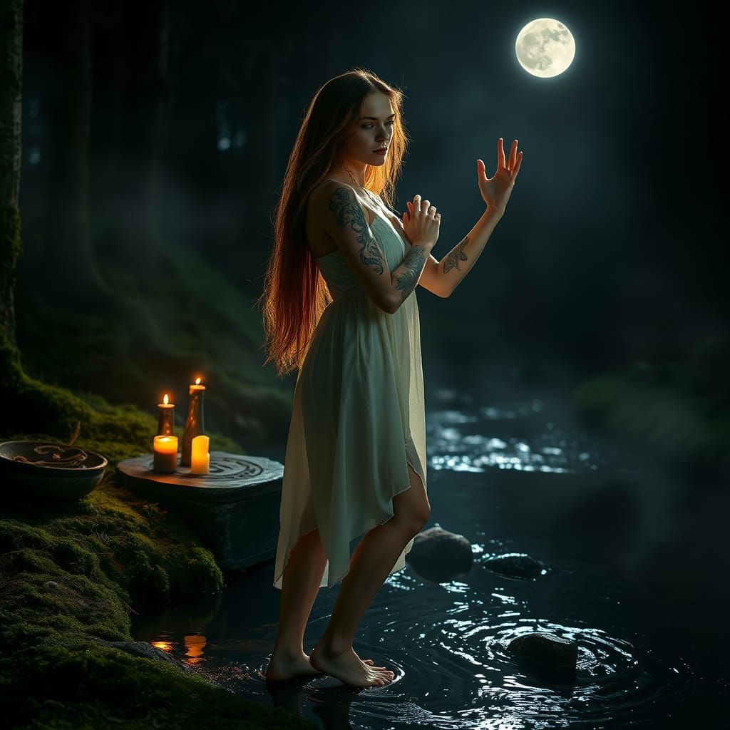 Mystical Slavic Woman in Moonlit Forest Ritual