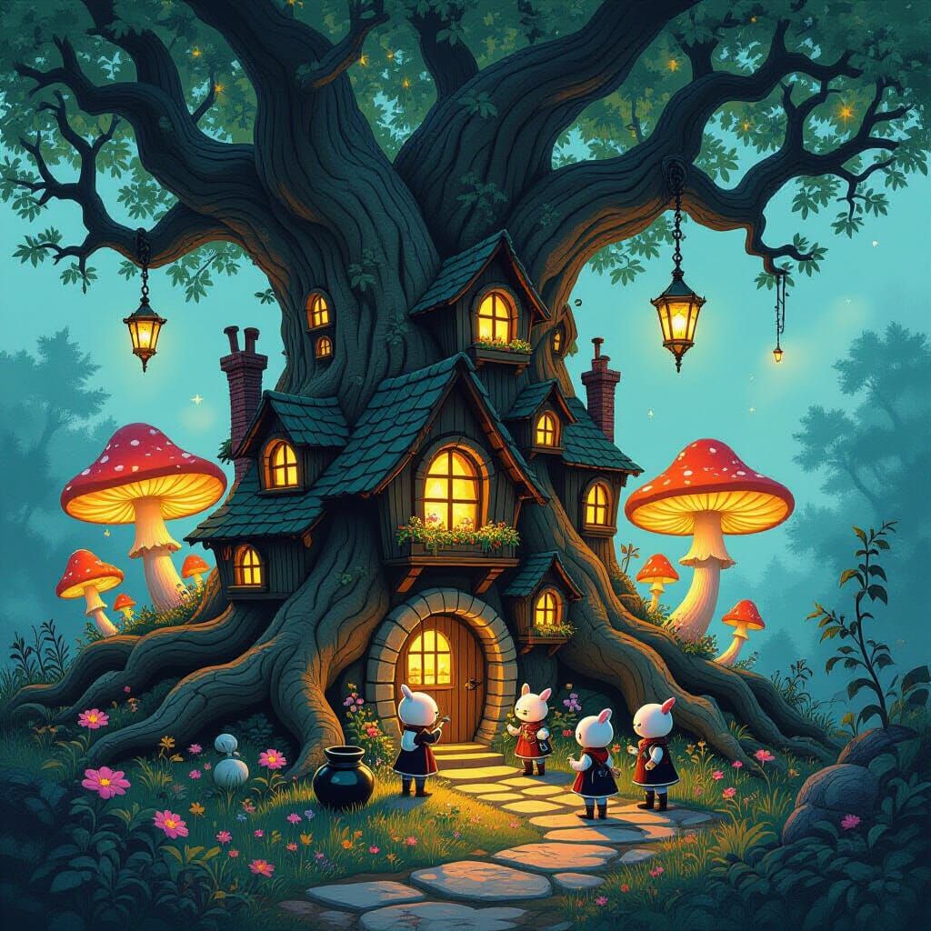 Enchanted Ink Bottle Village in Ancient Tree Roots