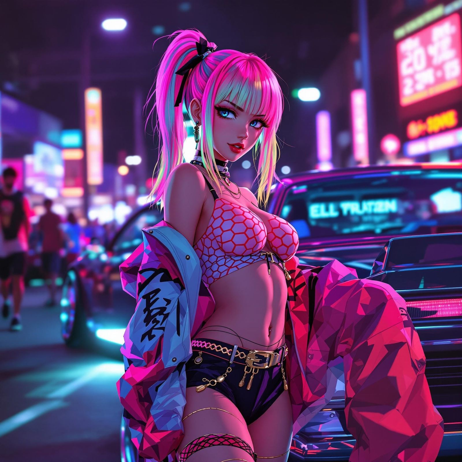 Anime Girl Steals the Show at Neon-Fueled Car Meet