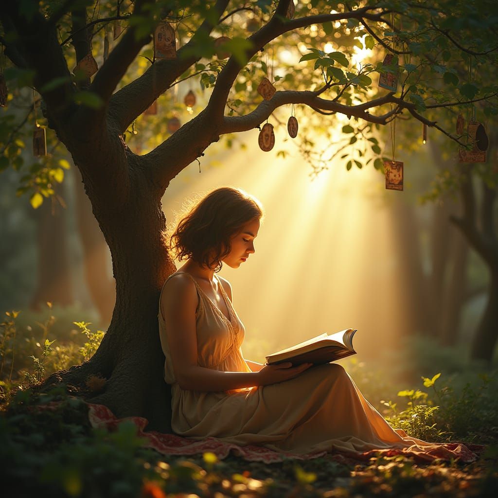 A Young Woman Surrounded by a Lush Family Tree in a Heavenly...