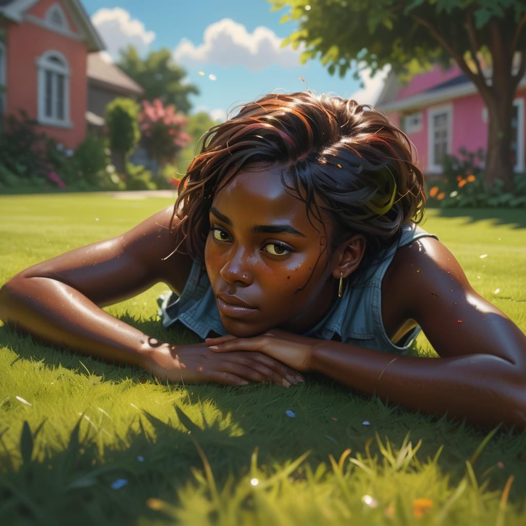 Dark-Skinned Woman Relaxing on a Lawn