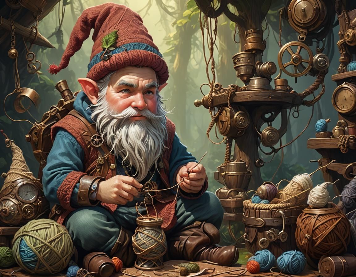 Whimsical Steampunk Gnome Knitting: Surreal Digital Art
