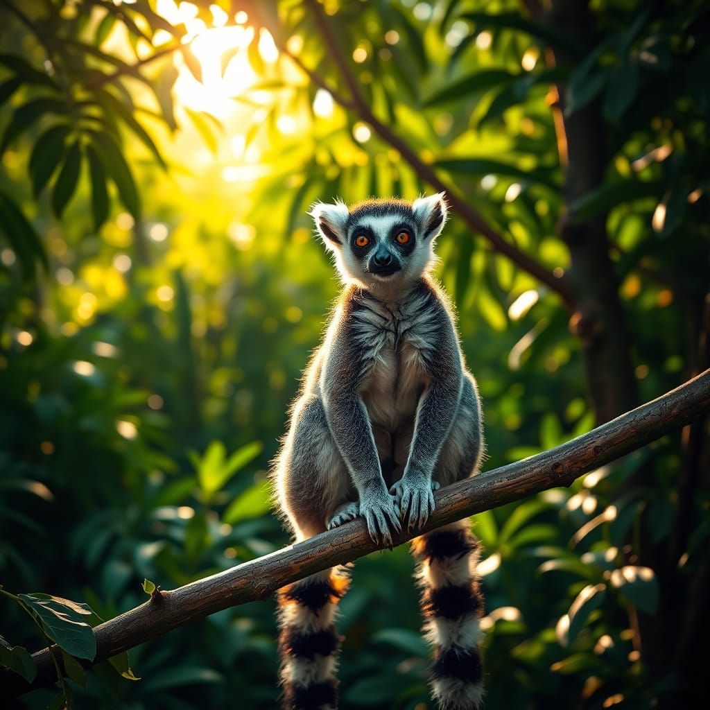 Photorealistic Lemur Relaxing on Jungle Branch