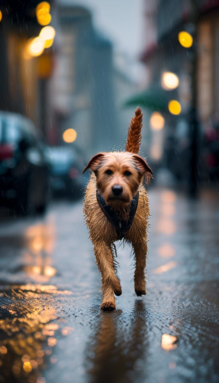 Dog Walking in Rainy City, Bokeh Photography