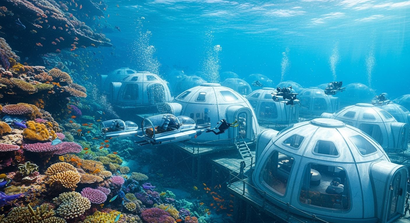 Underwater Dome Settlement Beside Vibrant Coral Reef
