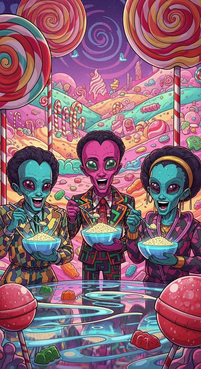 Whimsical Aliens Enjoying Couscous in a Candy Wonderland