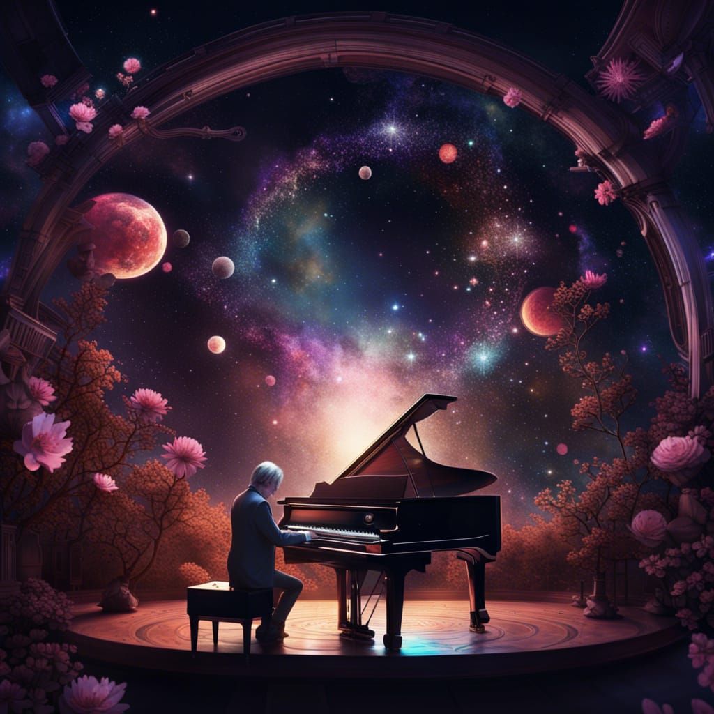 Cosmic Council Piano Harmony: Digital Matte Painting