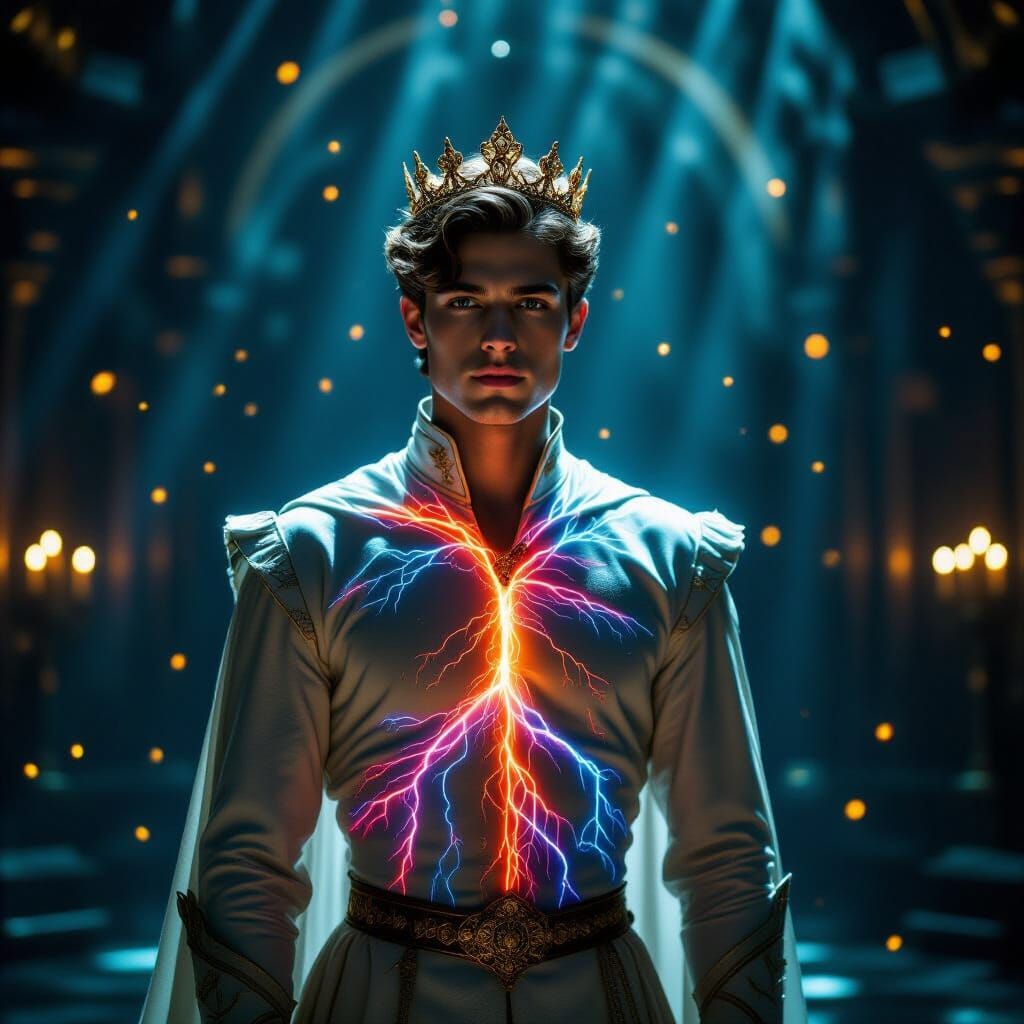 Prince's Mystical Transformation in Ethereal Royal Hall