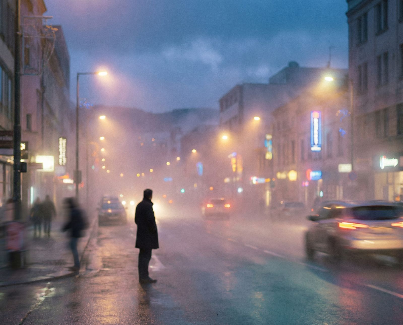 City Street at Blue Hour Through Silver Fog