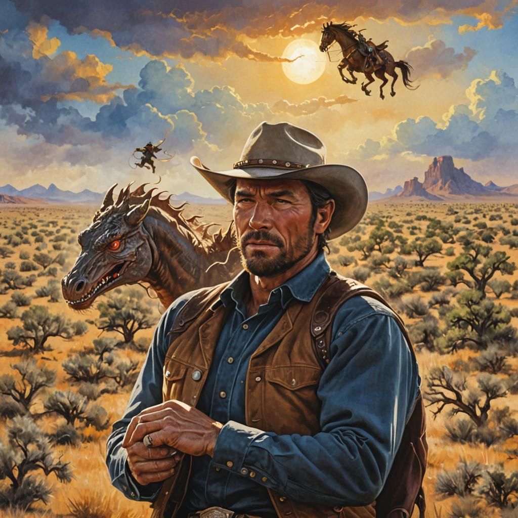 Cowboy Chasing Dragon in the Wild West