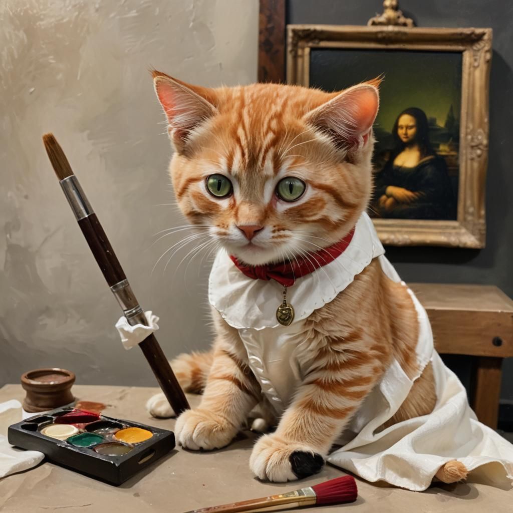 Ginger Cat Painting Mona Lisa in Art Studio