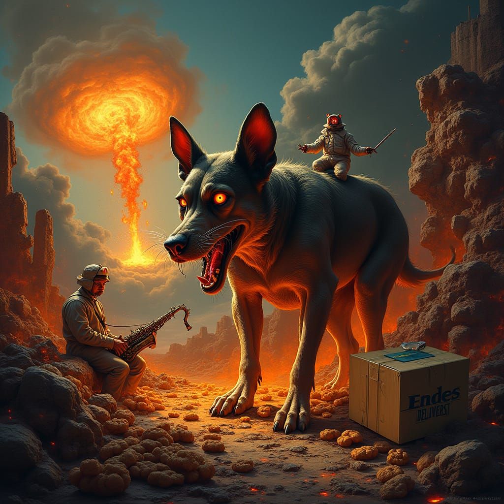 Hellish Dog Devours Mouse Amidst Apocalyptic Chaos