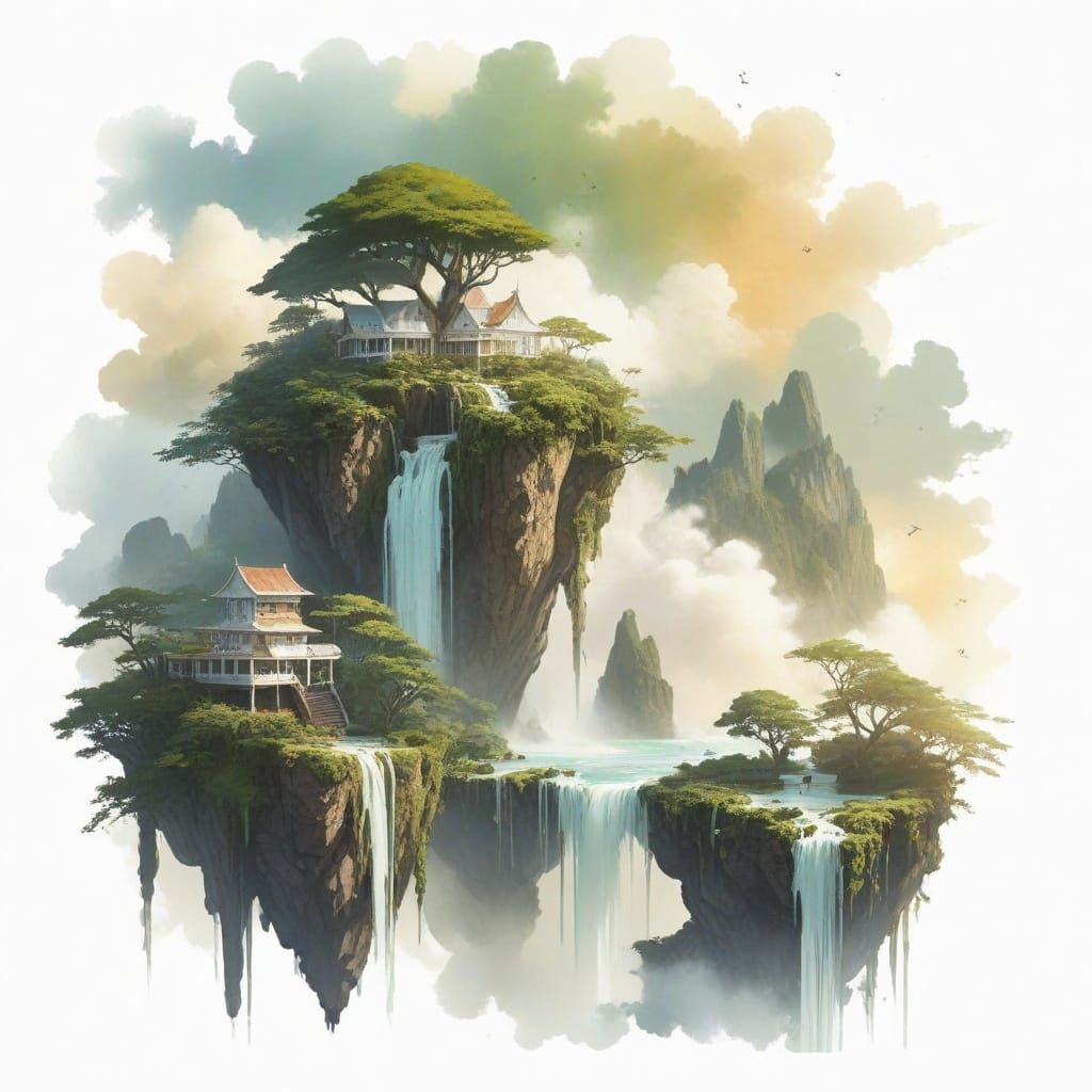 Floating Island Oasis in Ethereal Mist