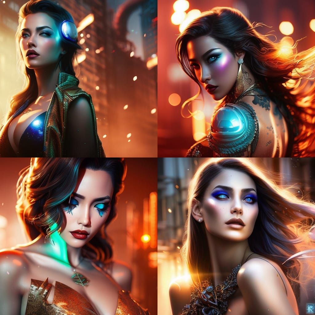 Photo-realism HDR portrait, 2 beautiful women making love, flawless eyes, “by Artgerm, Pixar, WLOP”, fantasy cyberpunk g...