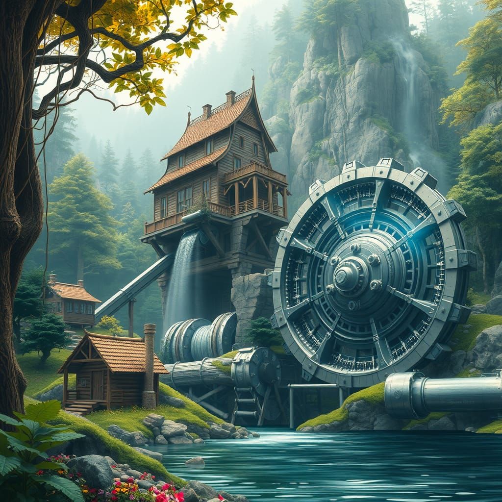 Ancient Forest Waterwheel: Enchanted Nature Meets Futuristic...
