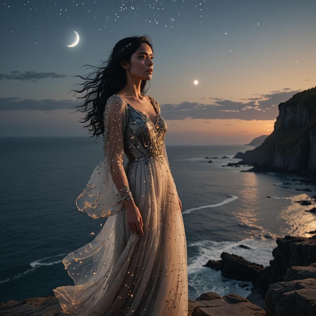 Woman on Moonlit Cliff in Cinematic Style