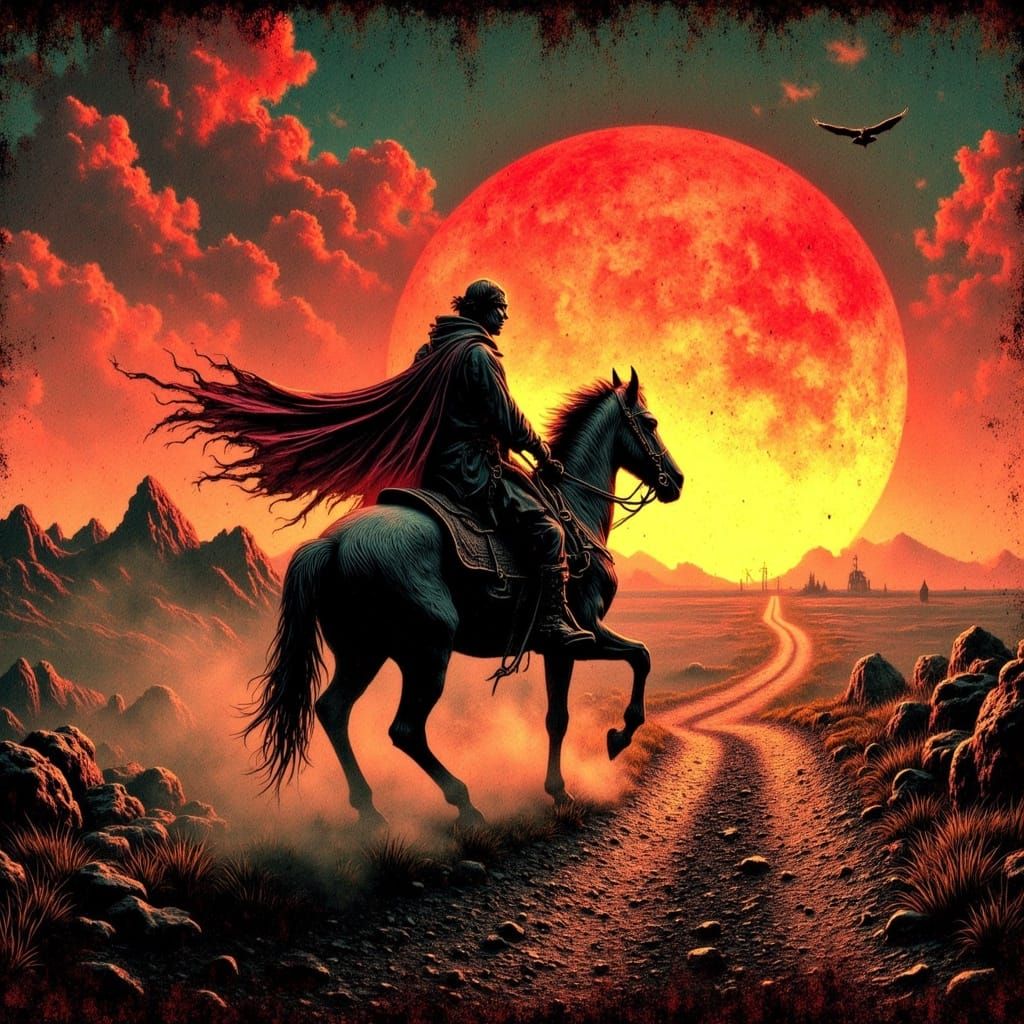 Epic Fantasy Rider Rides into a Vibrant Sunset