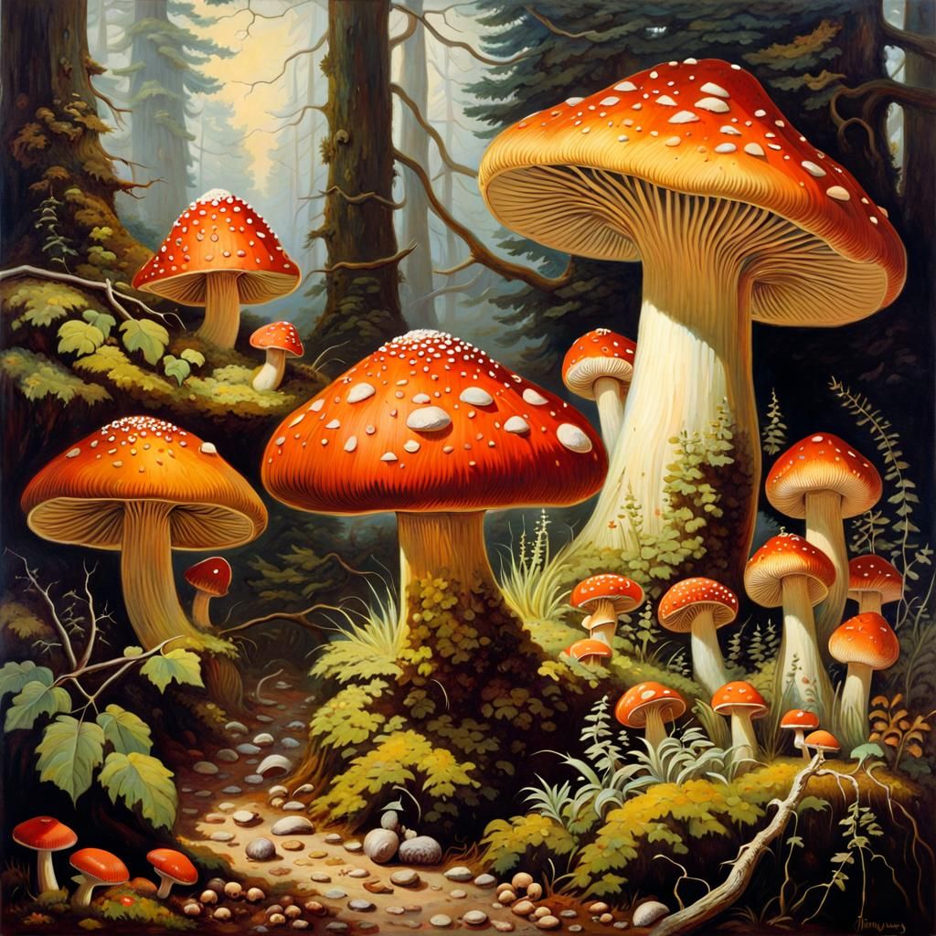 Mystical Mushroom Forest in Oil and Gouache Style