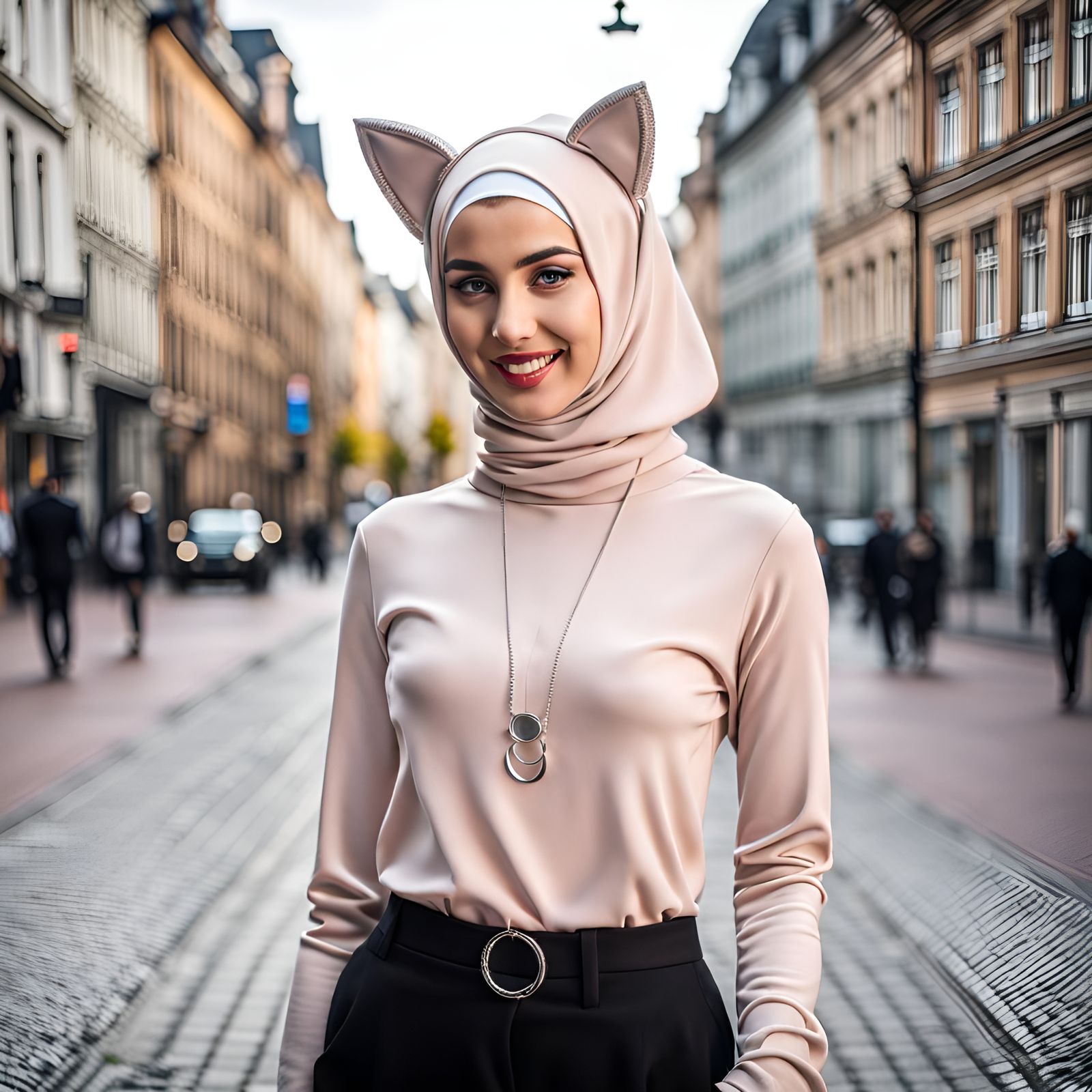 Hijab Woman with Cat Ears in City Portrait