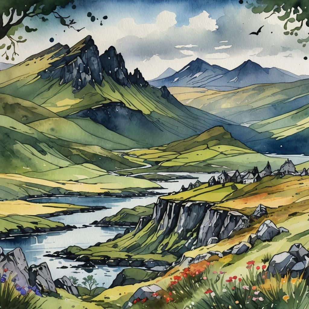 Whimsical Watercolor Landscape of Skye, Scotland