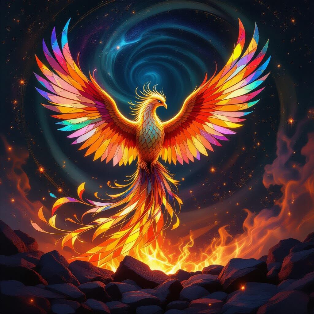 Majestic Phoenix of Stained Glass Rises from Embers