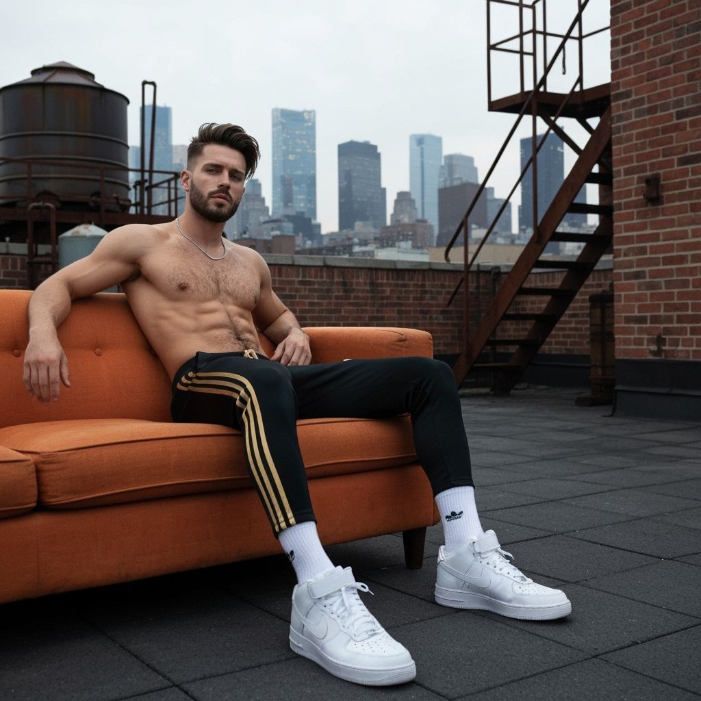 Man on Brooklyn Rooftop at Dusk, Manhattan Skyline