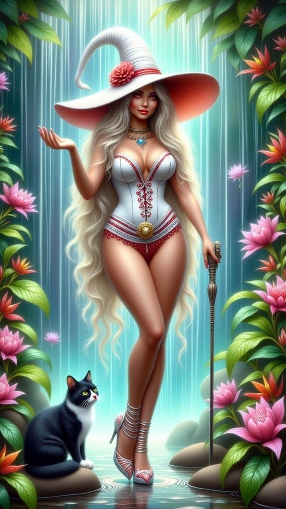 Enchanting Witchcraft Scene with Cat by Waterfall