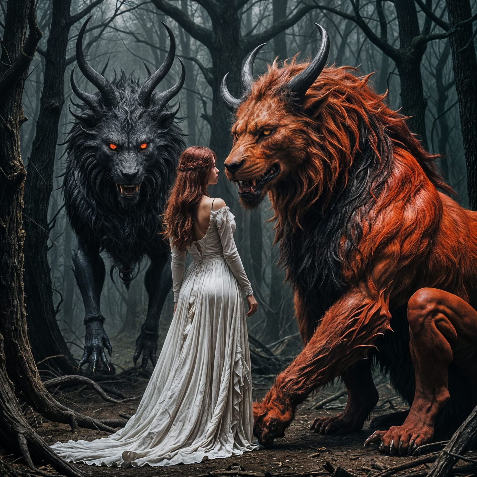 Girl, Beast, and Demon in Dark Encounter