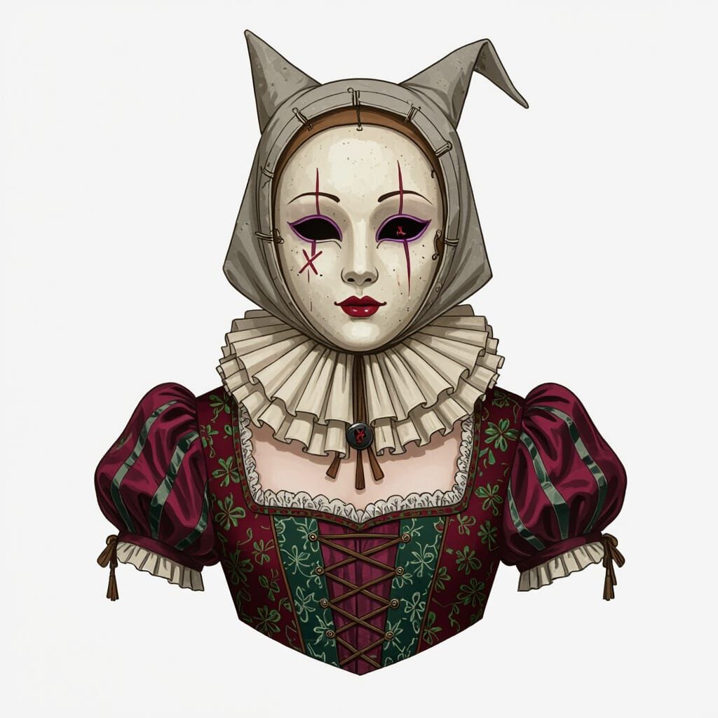 Eerie Doll-Inspired Bust with Stitched Mask and Floral Dress