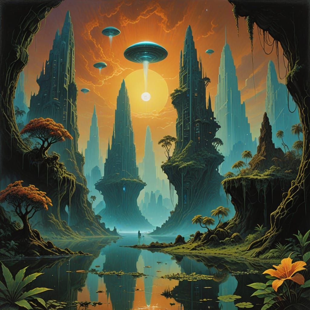 Vibrant, prehistoric jungle foliage sprawls under a brillian...