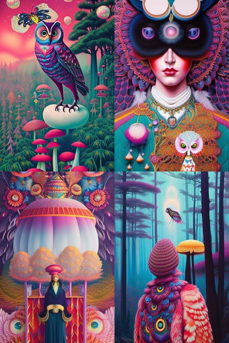 Owl with Hallucination Mushroom in Vogue Art Style