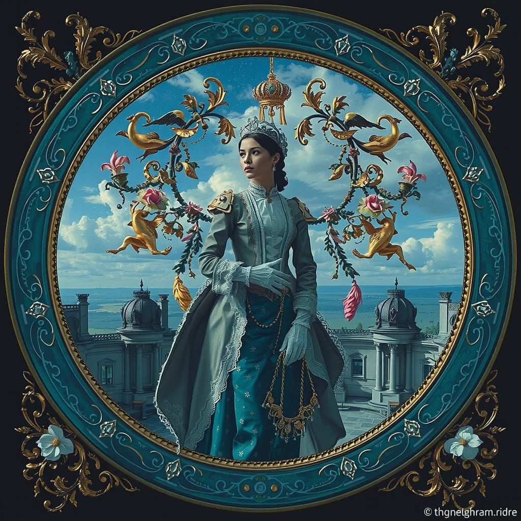 Dreamlike Figure in Antique Attire, Hyperreal French Landsca...