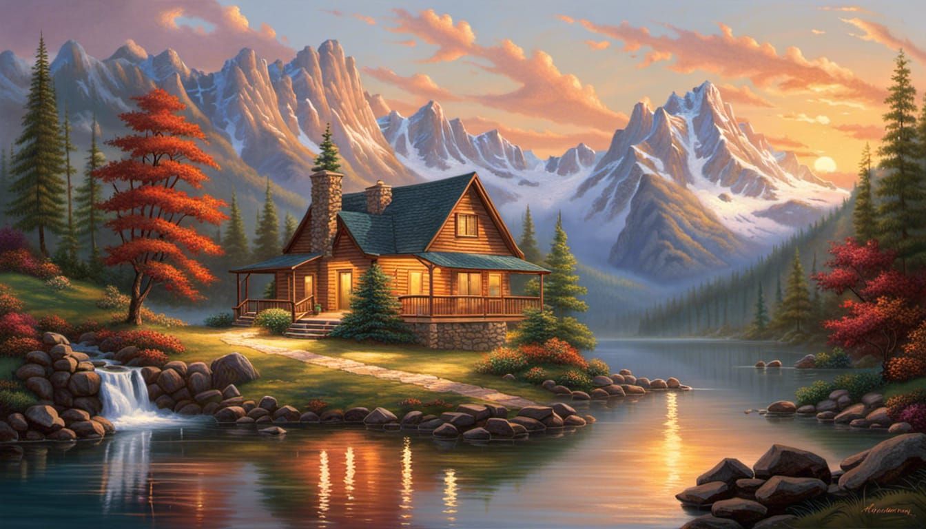 Cozy Cabin by Mountain Lake at Sunset